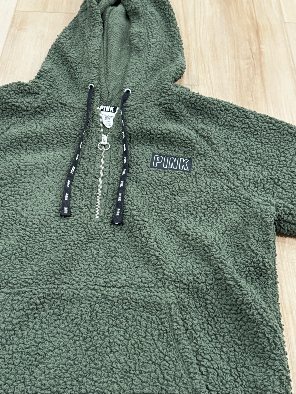 PINK Victoria’s Secret Green Sherpa Half Zip Hoodie Pullover Small - Picture 3 of 7